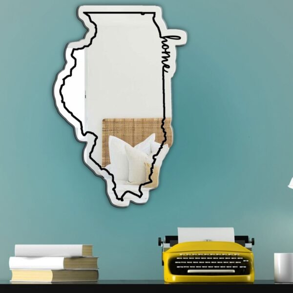 Decorative mirror featuring outline of Illinois and 'Home' text.