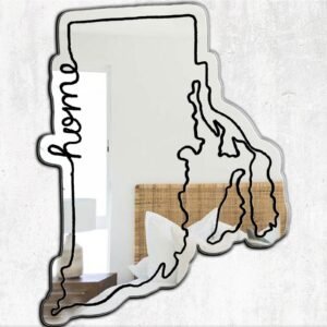 Custom mirror shaped like Rhode Island with a personalized engraving.