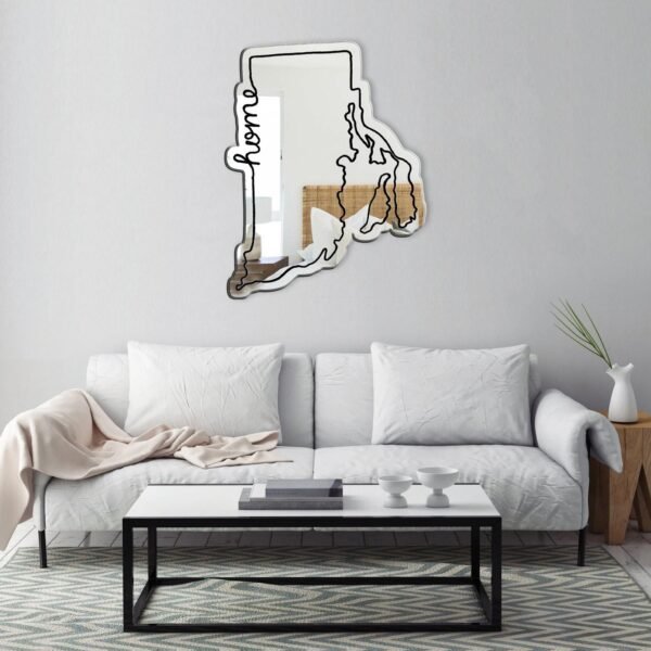 Rhode Island-shaped mirror with customizable text on the surface.