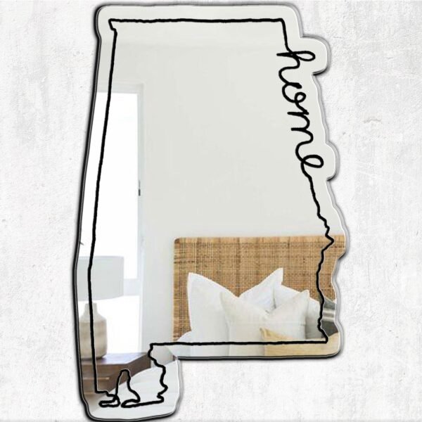 Alabama-shaped mirror customized with home city name.