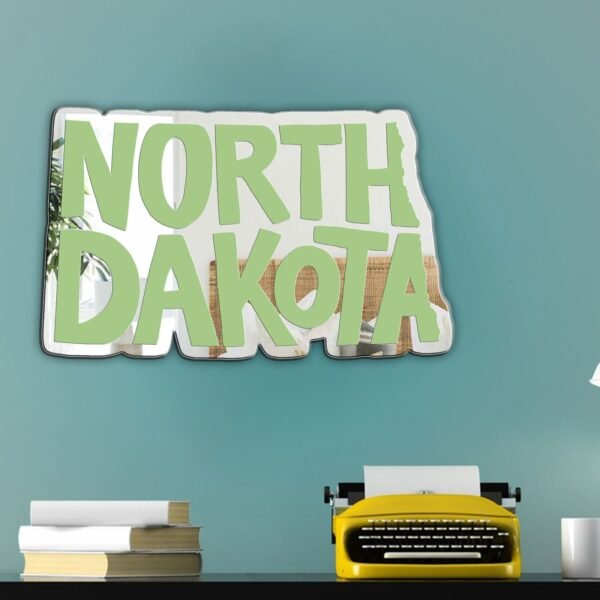 Rectangular mirror with wooden North Dakota-shaped frame.