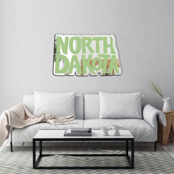 Wall mirror featuring outline of North Dakota in wood.