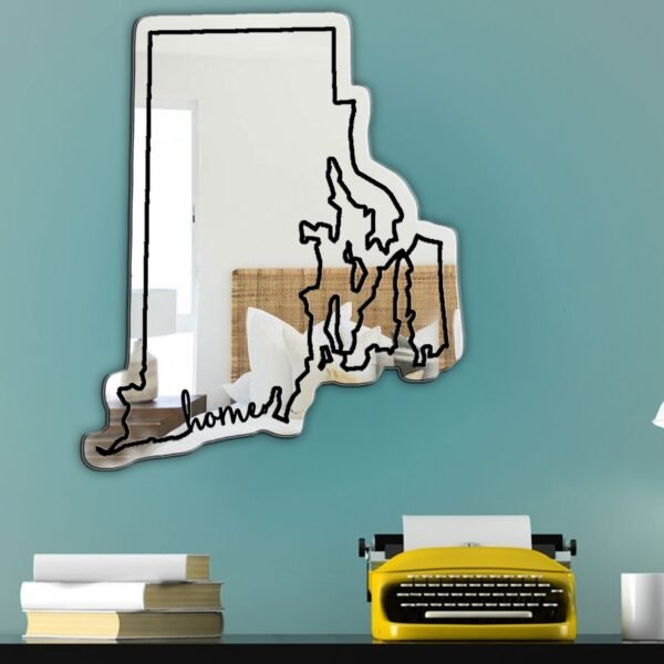 Decorative mirror featuring 'Rhode Island Home' text.