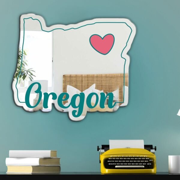 Oregon state outline with heart design on a mirror.