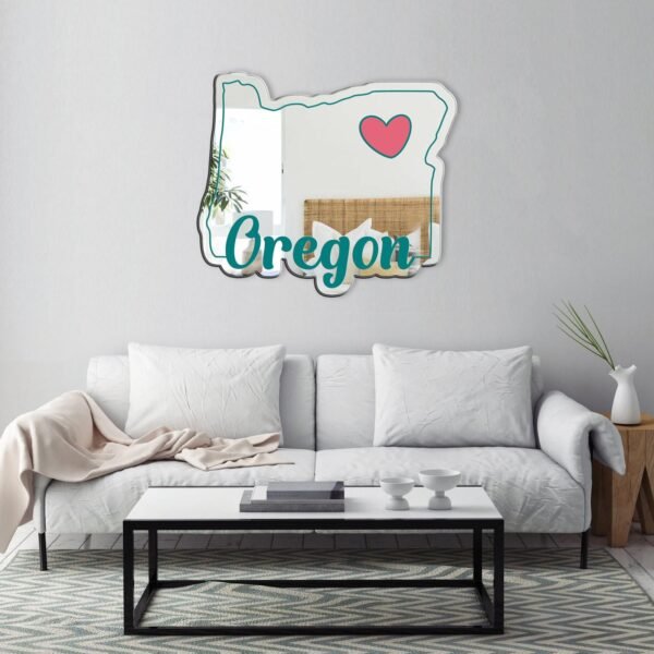 Decorative mirror featuring Oregon and a heart motif.