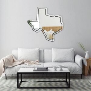 Printed mirror featuring the outline of Texas.