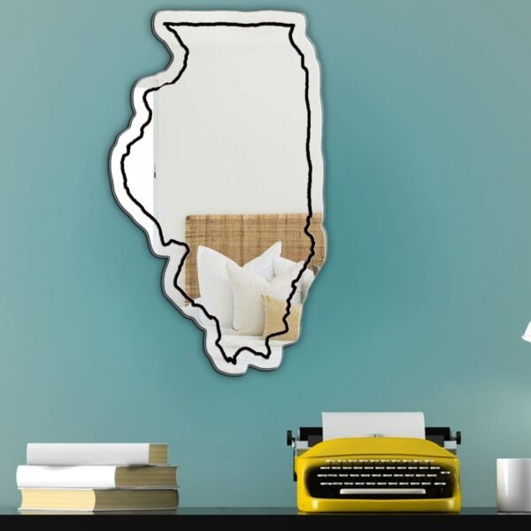 Decorative mirror featuring 'Illinois' in white script.