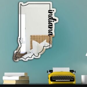 Indiana state map and symbols printed on a mirror.