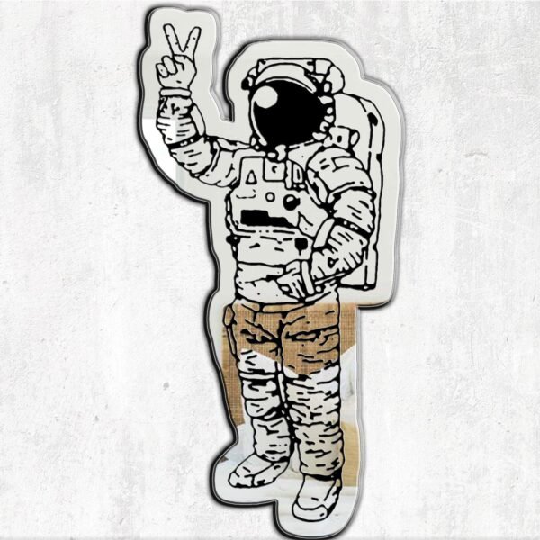 Astronaut-shaped mirror with a peace sign gesture.