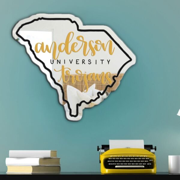 Anderson University logo on a multicolored state-shaped mirror.