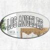 Oval mirror with 'Los Angeles California' in black varsity lettering.