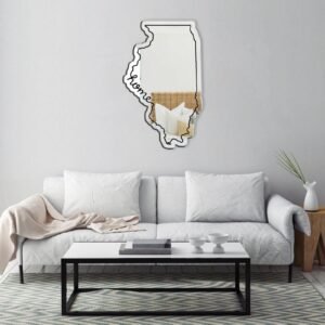 Decorative mirror shaped like Illinois with a reflective surface.