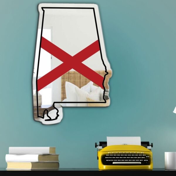 Alabama state outline mirror featuring flag motif.