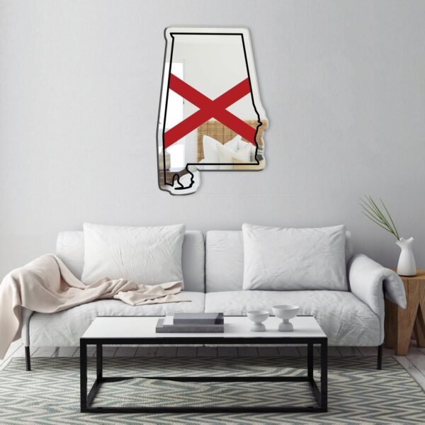 Decorative Alabama state-shaped mirror with embedded flag design.