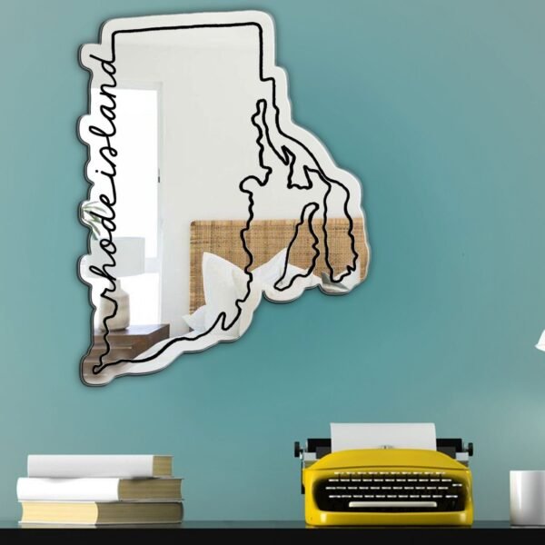 Painted mirror featuring Rhode Island map and symbols.