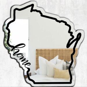 Decorative mirror shaped like Wisconsin with 'Home' text.