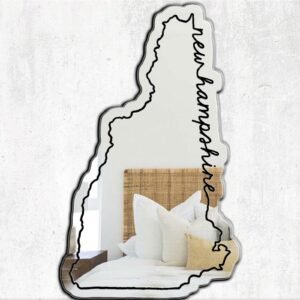 Decorative mirror shaped like New Hampshire with scenic illustrations.