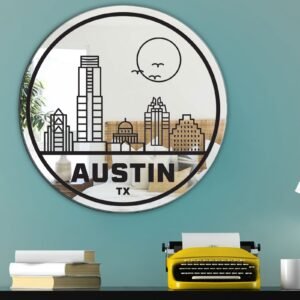 Reflective mirror featuring a laser-cut Austin skyline design.