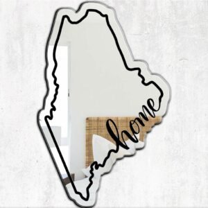 Maine-shaped mirror with rustic wood frame.