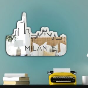 Decorative mirror with Milan cityscape etching.