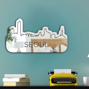 Irregular shaped mirror with Seoul city skyline etching.