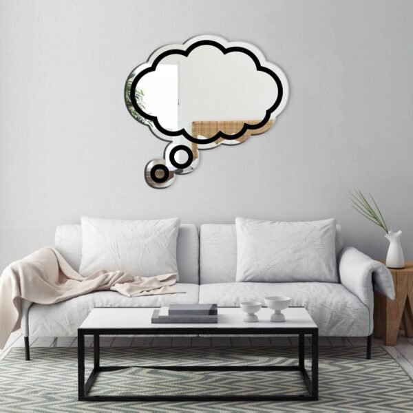 Empty thought bubble-shaped mirror on white wall.