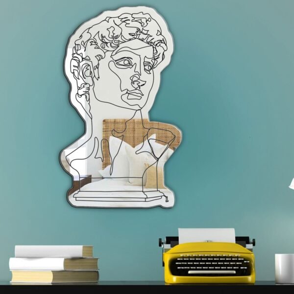 Minimalist one-line drawing of Michelangelo's David on a mirror.