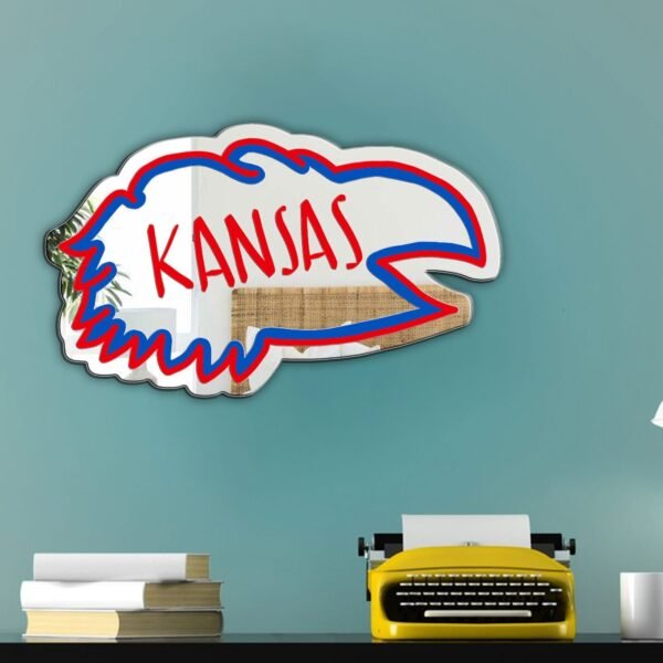 Asymmetrical mirror featuring the Kansas Jayhawks emblem.