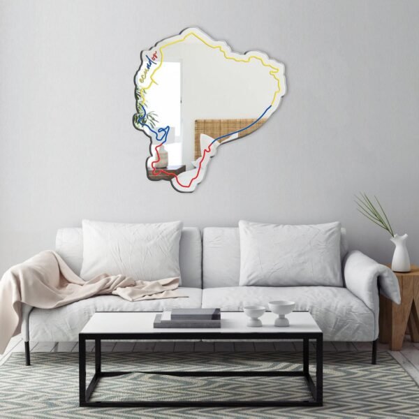 Artistic mirror with an outline of Ecuador.