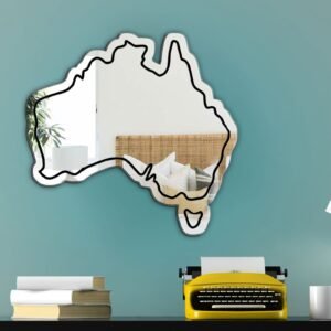 Irregularly shaped mirror inspired by Australia's outline.