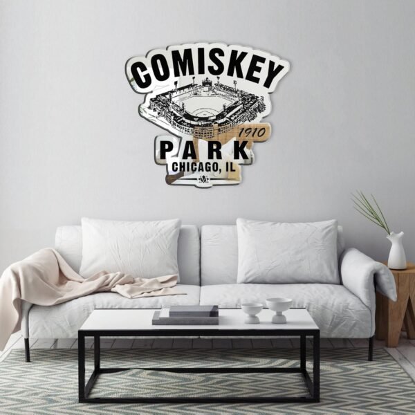 1910 Comiskey Park mirrored sign with vintage baseball theme.