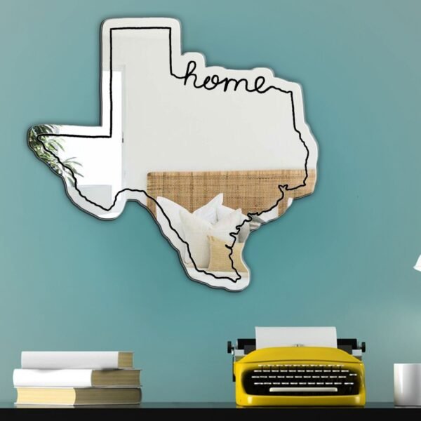 Decorative mirror shaped like Texas with rustic frame.