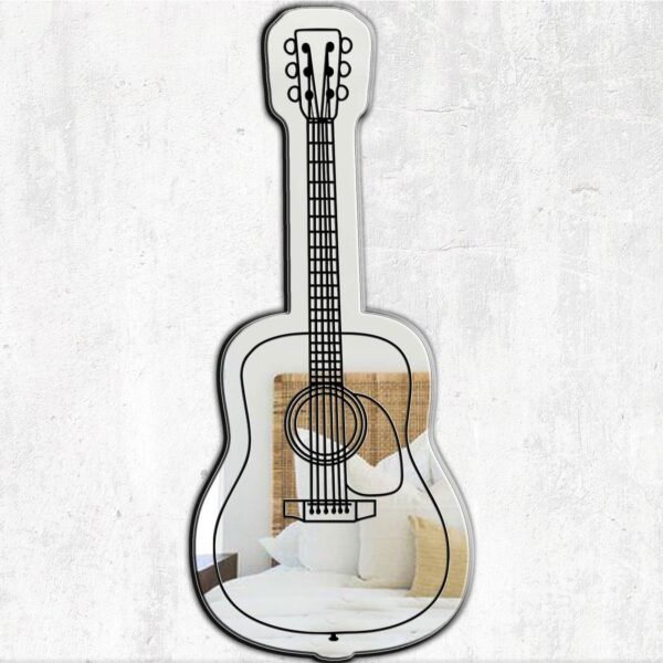 Irregularly shaped mirror with acoustic guitar design.