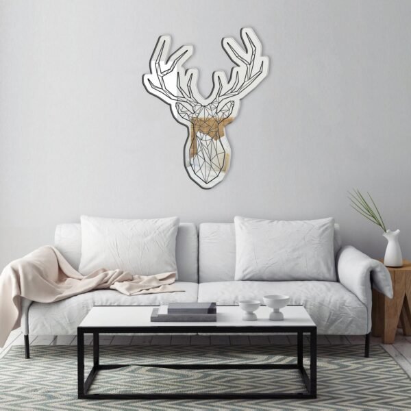 Black mirrored stag head with geometric design.