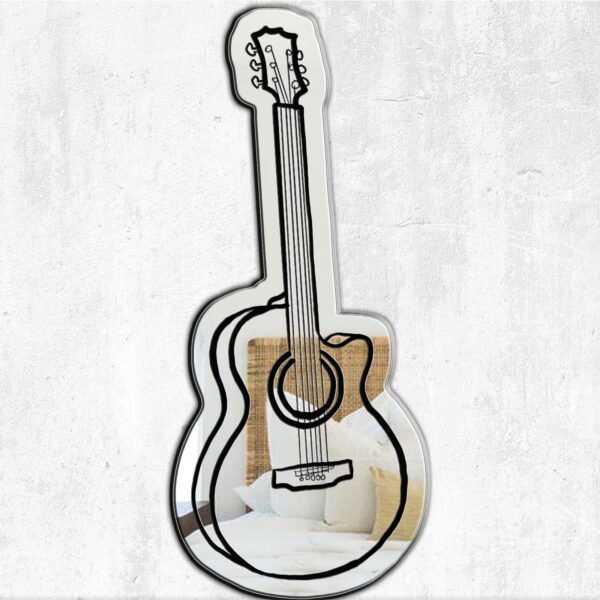 Sketch of guitar and music notes on irregular black mirror.
