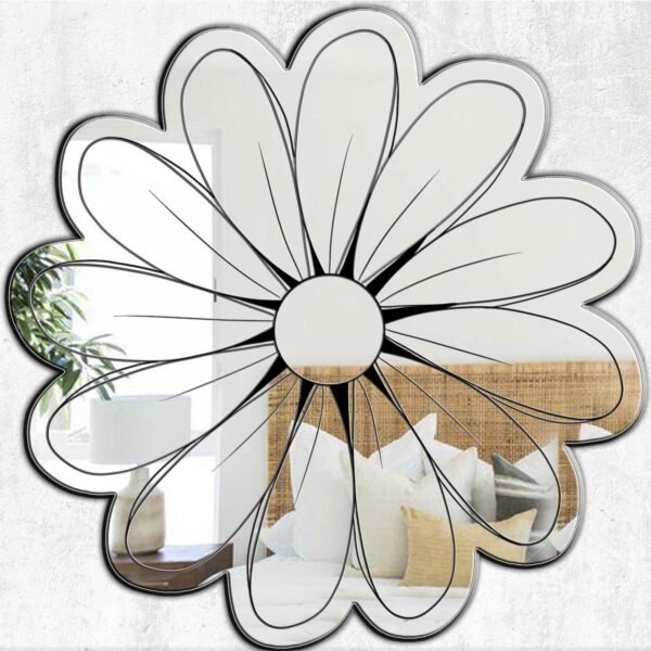 Irregularly shaped mirror with daisy-inspired contours.