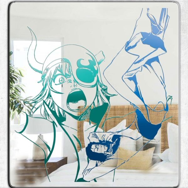 Irregular-shaped mirror featuring colorful artwork of Bleach's Starrk and Lilynette.