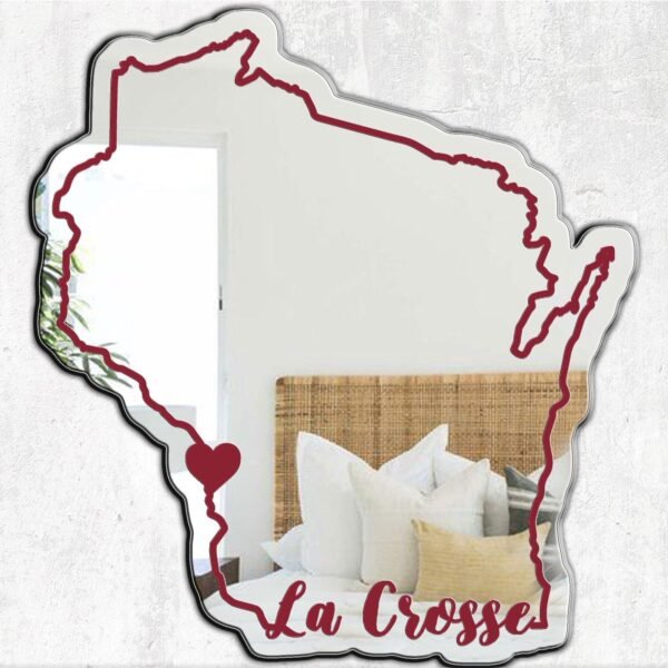 Decorative mirror featuring cursive text for UW La Crosse.