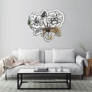 Abstract-shaped mirror with colorful pansy flower design.