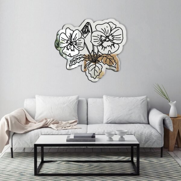 Abstract-shaped mirror with colorful pansy flower design.