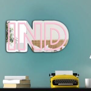 Rose pink irregular mirror with 'INDIANAPOLIS