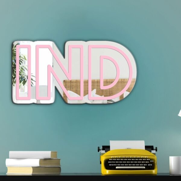 Rose pink irregular mirror with 'INDIANAPOLIS