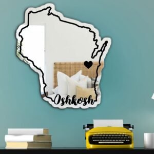 Mirror with 'University of Wisconsin Oshkosh' in cursive script.