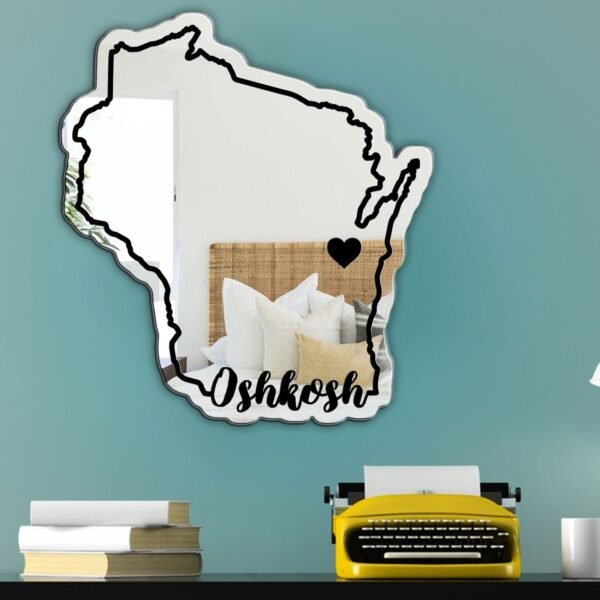 Mirror with 'University of Wisconsin Oshkosh' in cursive script.