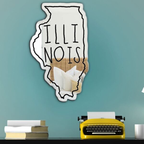 Text 'Illinois' on a white irregular-shaped mirror.
