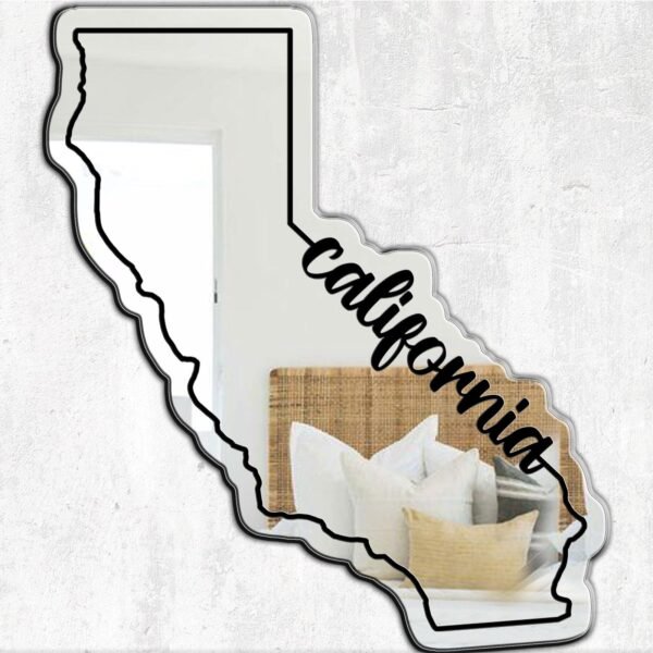 Decorative mirror shaped like California with a golden frame.