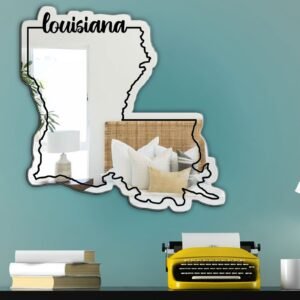 Louisiana-shaped mirror with state outline and reflective surface.