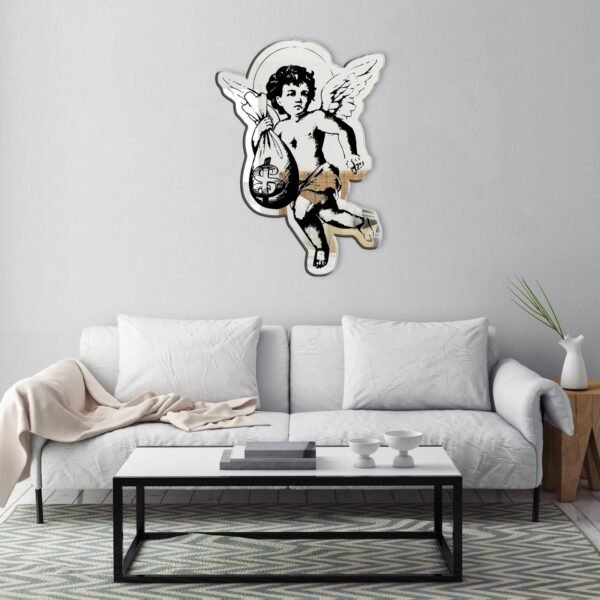 Angel-shaped mirror with ornate wings and halo.