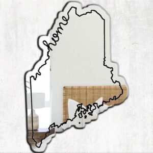 Decorative wall mirror shaped like Maine with etched details.