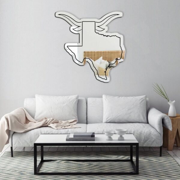 Decorative Texas map mirror featuring Longhorn motif.